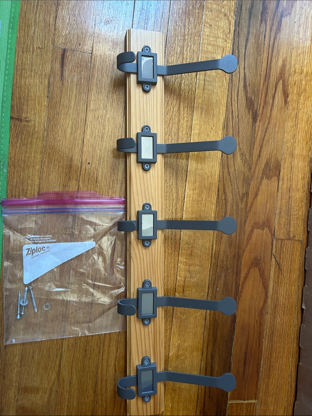 IKEA Wooden Wall Hook Rack with Five Gray Hooks